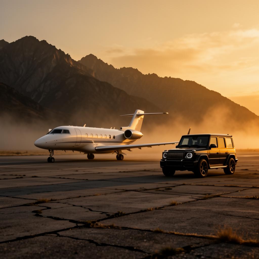 Private jet on a remote runway at dusk